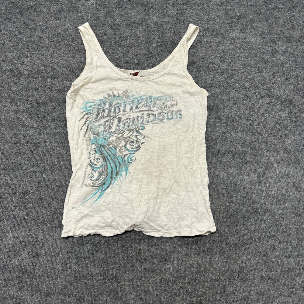Harley Davidson Tank Top Womens XL White Rhinestone Graphic Wild Prairie Biker